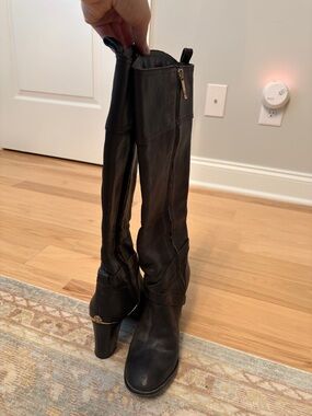 Tory Burch Black Leather Block-Heel Boots with Gold Logo Accent